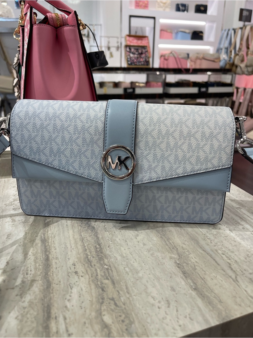MICHAEL KORS Greenwich Md Signature Logo Shoulder Crossbody Satchel 
Pale Ocean - Picture 11 of 16